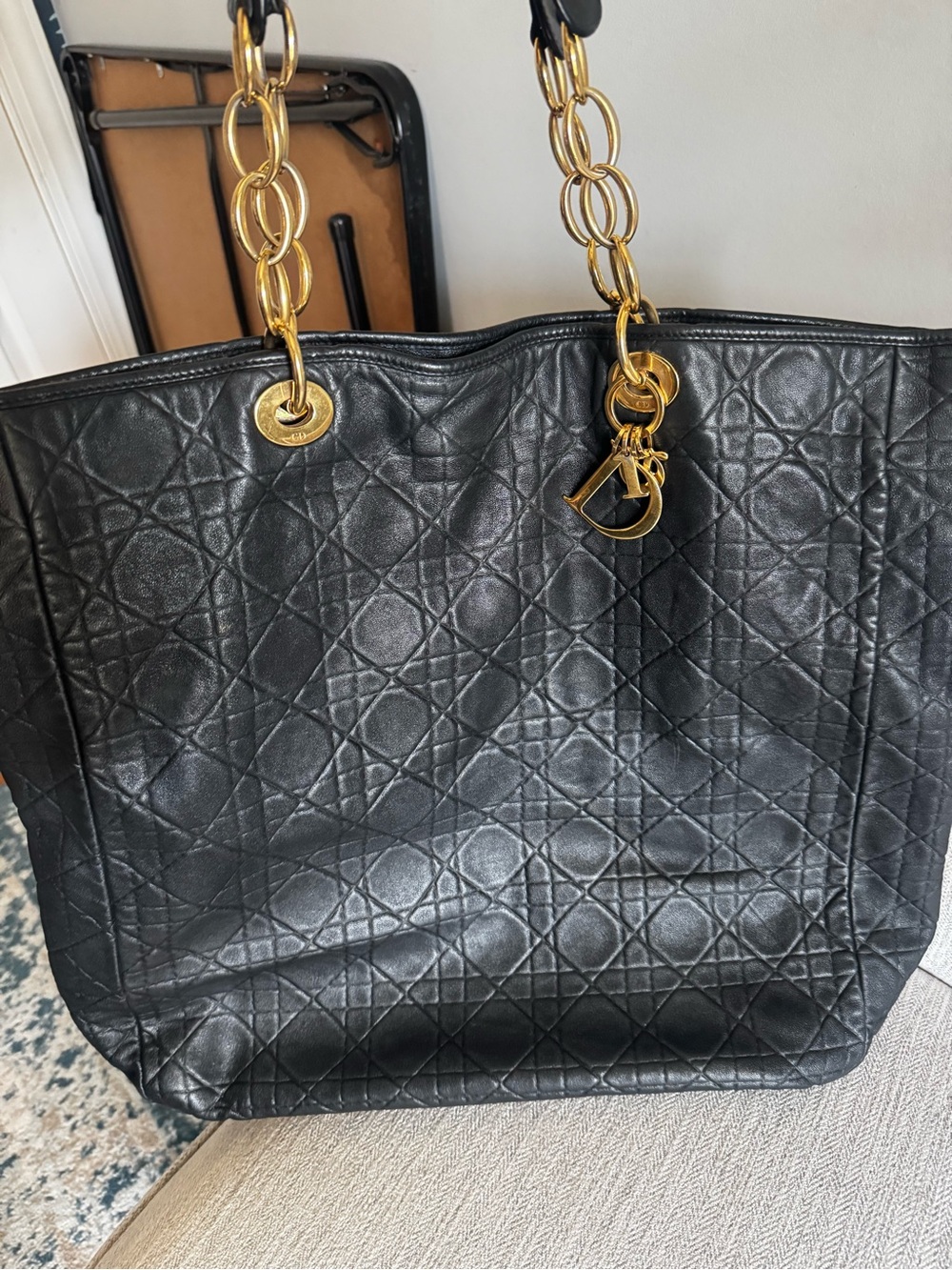VINTAGE CHRISTIAN DIOR BLACK LEATHER CANNAGE LARGE SOFT SHOPPING TOTE BAG ✨